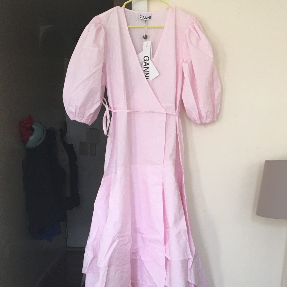 Ganni Layered pink floral-print cotton-poplin midi wrap dress NWT size 44/US 12